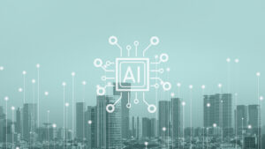 Conceptual abstraction of AI looming over a modern city.